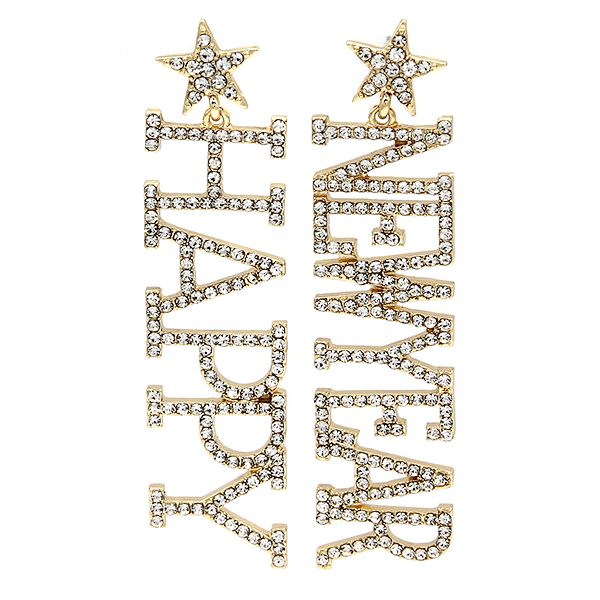 Happy New Year Rhinestone Accent Drop Earrings
