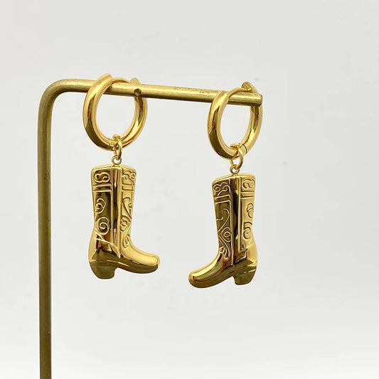 Western Style 18K Gold Plated SS Boots Huggie Earrings - FGS/WJ