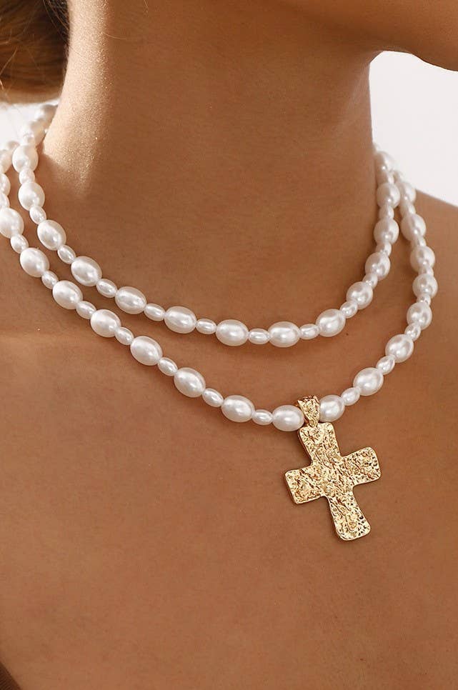 LUSTROUS PEARL BEADED LAYERED CROSS NECKLACE