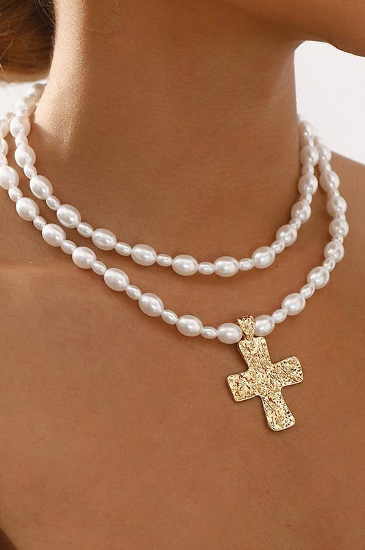 LUSTROUS PEARL BEADED LAYERED CROSS NECKLACE