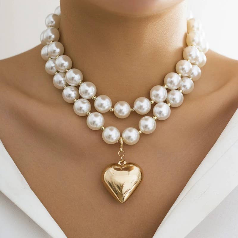LUSTROUS PEARL BEADED LAYERED HEART NECKLACE