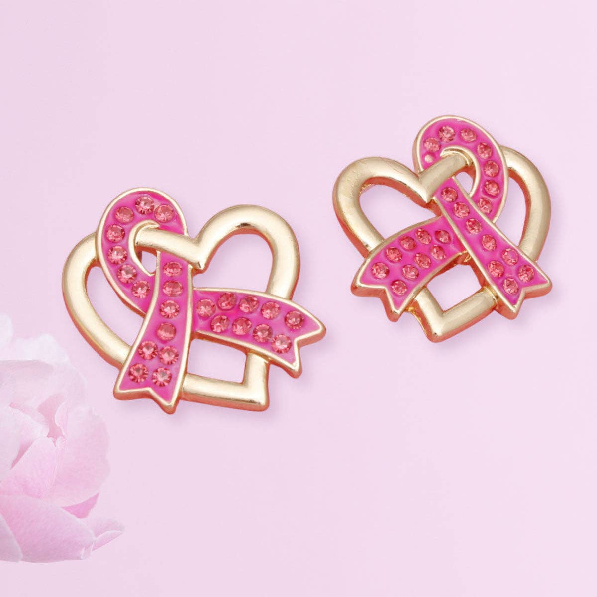 Breast Cancer Gold Pink Ribbon Loop Stud Earrings
