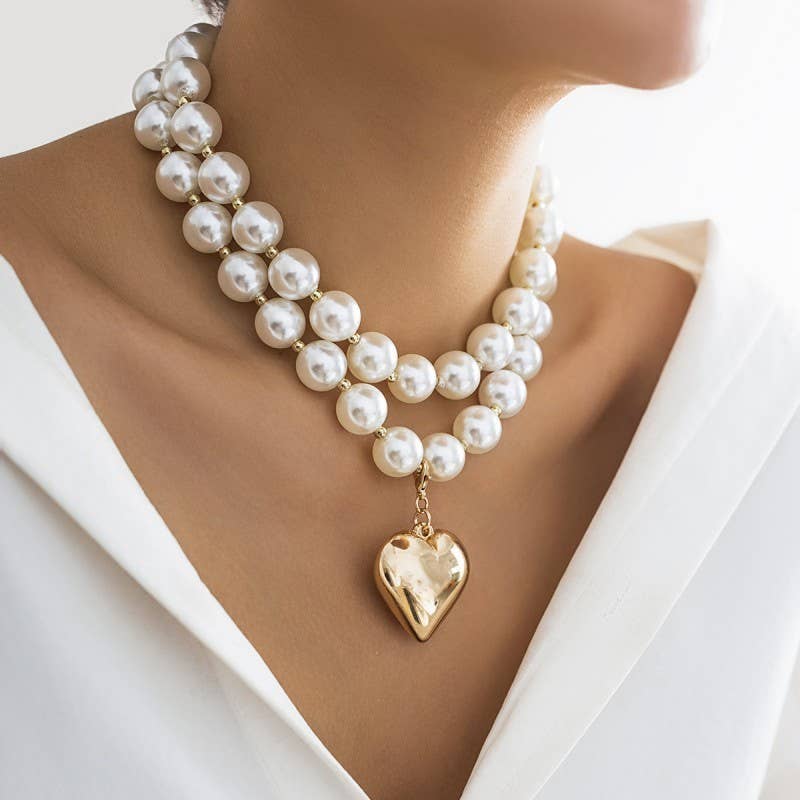LUSTROUS PEARL BEADED LAYERED HEART NECKLACE