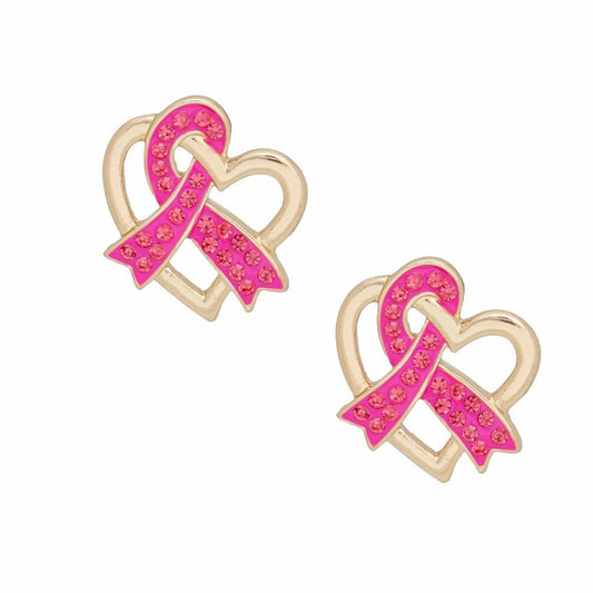 Breast Cancer Gold Pink Ribbon Loop Stud Earrings