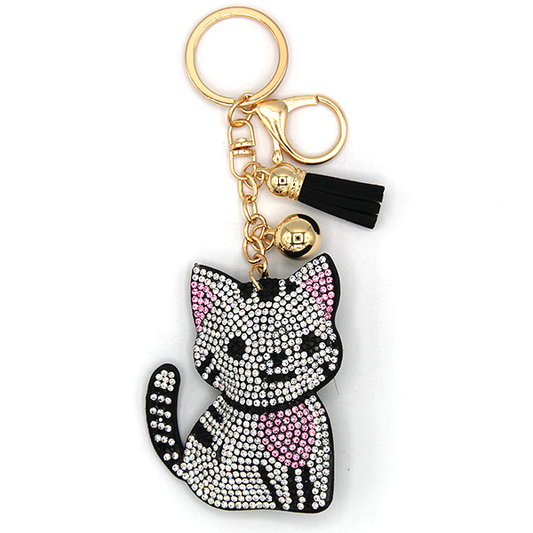 Black Pink Sitting Cat Puffy Rhinestone Keychain/Bag Charm