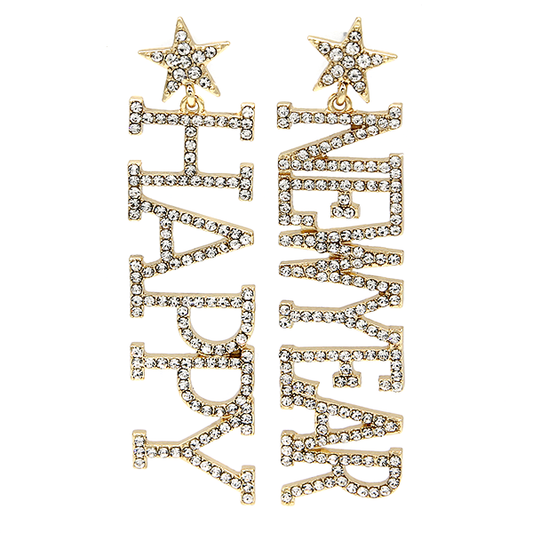 Happy New Year Rhinestone Accent Drop Earrings