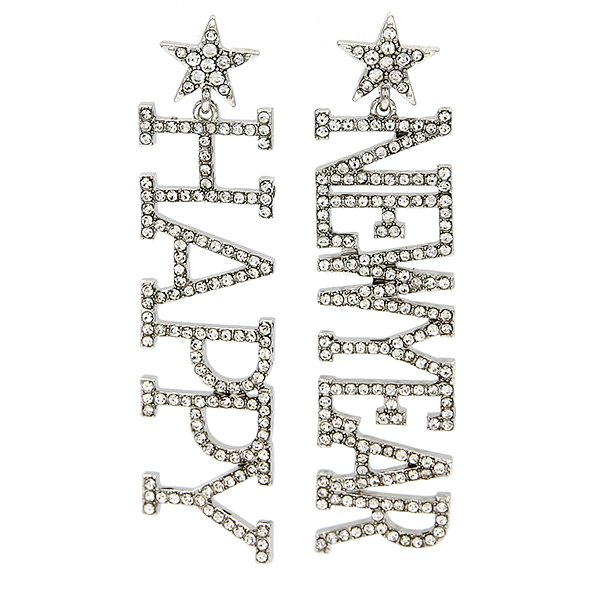 Happy New Year Rhinestone Accent Drop Earrings