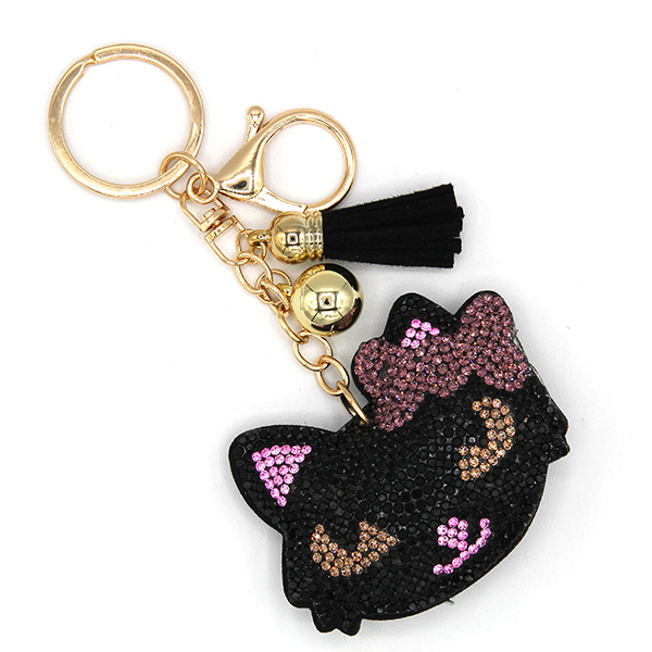 Puffy Rhinestone Accent Halloween Black Cat Keychain/Bag Charm