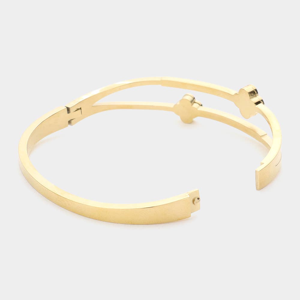 Quatrefoil Stone Paved Stainless Steel Hinged Bracelet