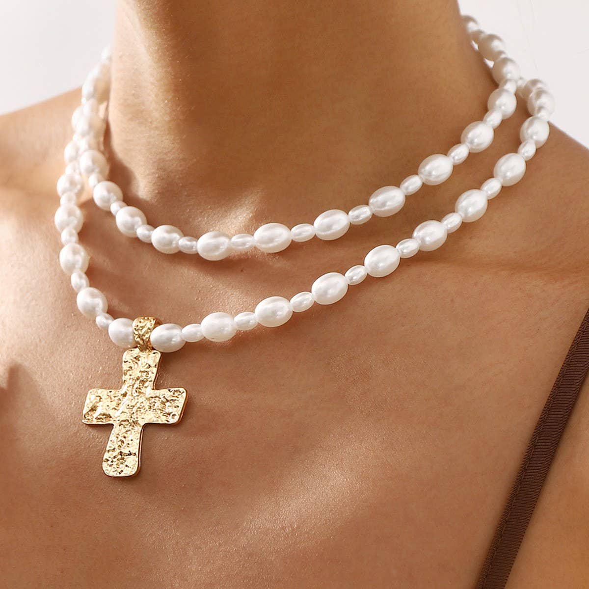 LUSTROUS PEARL BEADED LAYERED CROSS NECKLACE