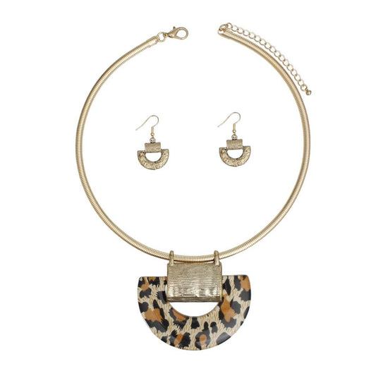 Pendant Geo Leopard Print Rigid Collar Necklace